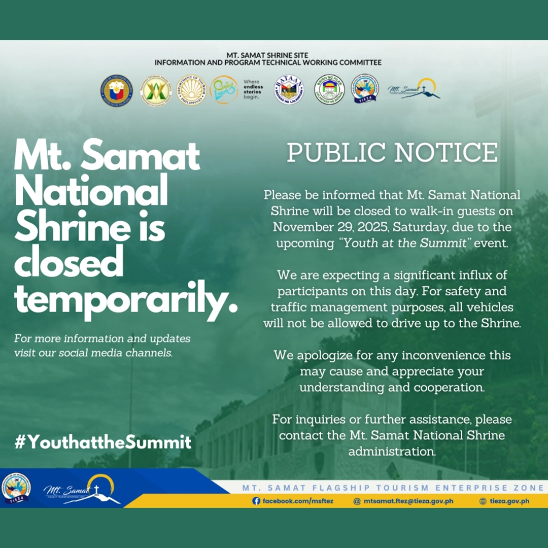 Mt. Samat National Shrine is closed temporarily