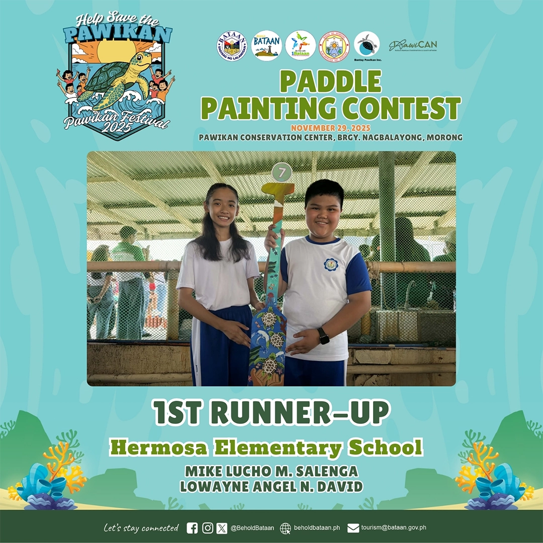 Congratulations Mike Lucho M. Salenga and Lowayne Angel N. David from Hermosa Elementary School for winning 1st Place in the Paddle Painting Contest for the Pawikan Festival 2025.